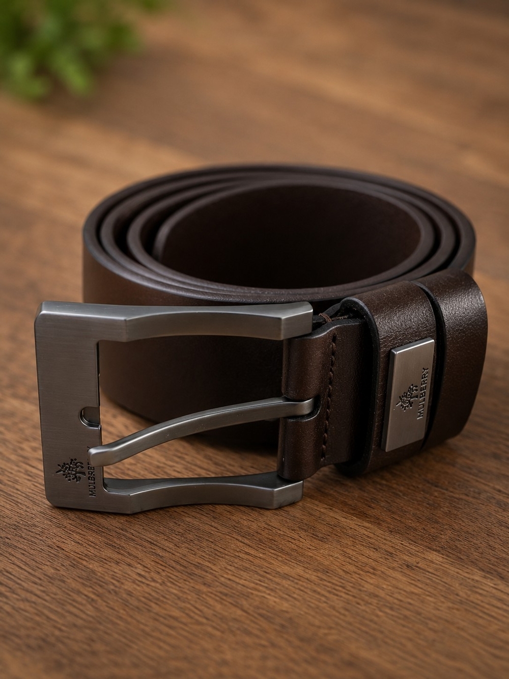 Mulberry Brown Leather Belt with Brushed Metal Buckle